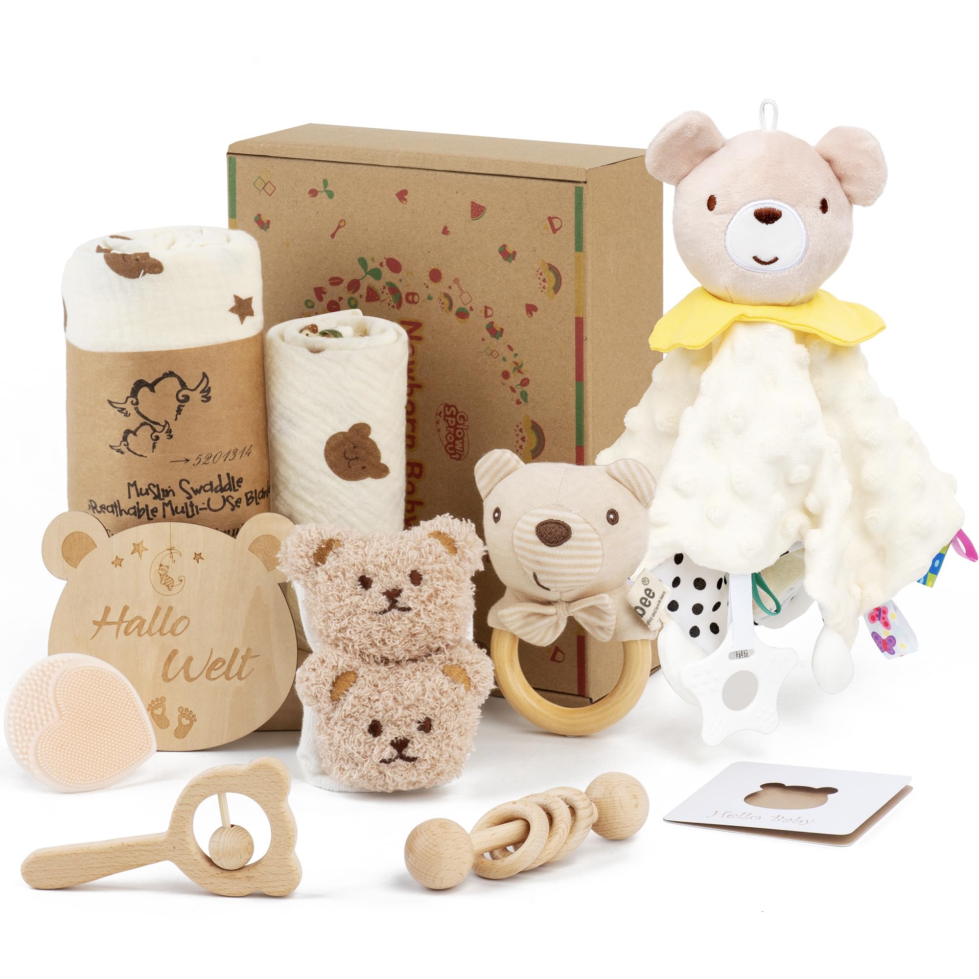Geschenk zur Geburt – Baby Schmusetuch mit Holzrassel, Rassel, Silikonbürste, Babydecke, Socken – Babyparty Geschenkbox
