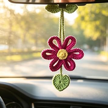 Crochet Daisy Car Accessories, Car Hanging Ornament, Rear View Mirror Hanging Accessories, Cute Home Office Cars Decor