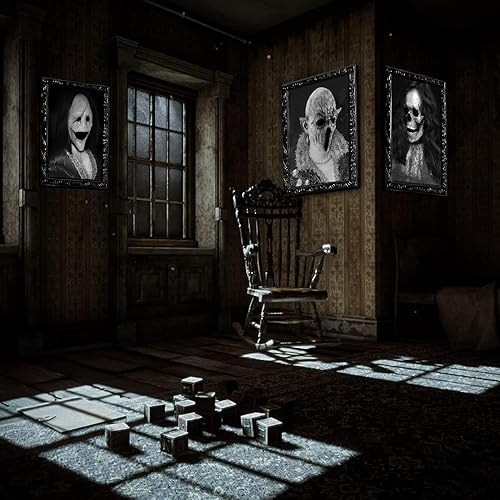 Miniatura 6 de Paquete de 4 marcos de fotos de Halloween de 10.2 x 14.5 pulgadas con expresión de rostro cambiante en 3D, para decoración de fiestas de terror,