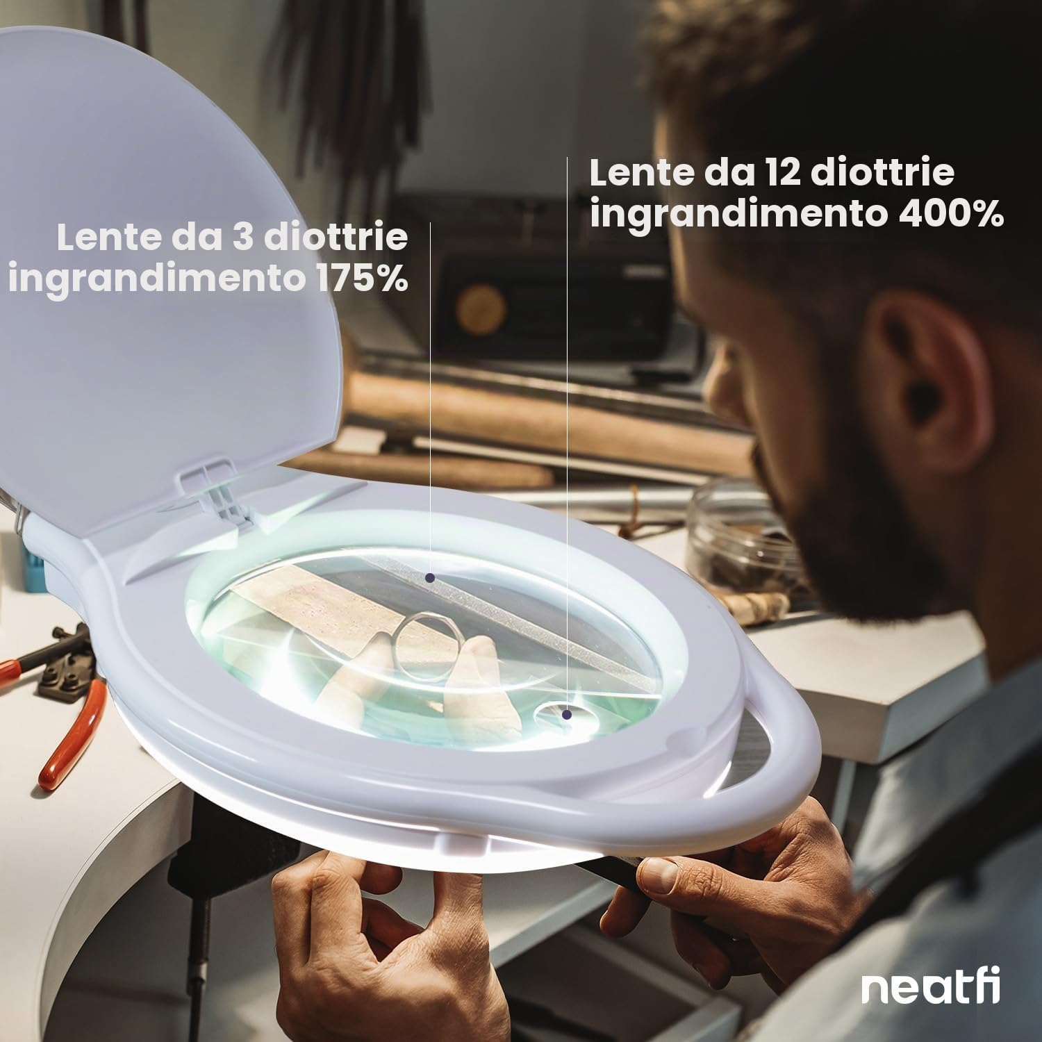 Neatfi Elite XL LED Lampada ingrandente, 3 diottrie con 12 diottrie, dimmerabile, 3 modalità di luce (3000K/4000K/6500K), priva di abbagliamento, braccio regolabile (Bianco, 18 CM Lente in Vetro)