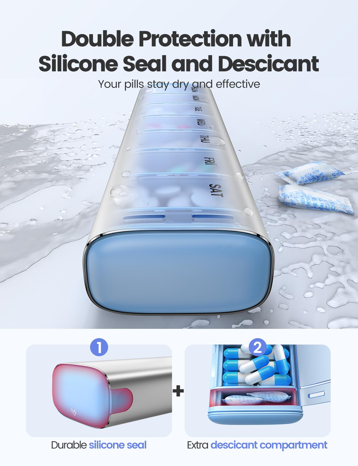 Vaydeer 7 Day Weekly Pill Organizer, Metal Travel Pill Case, Large Capacity Daily Cute Pill Box for Supplements, Pills, Vitamins and Medication (Sliver)