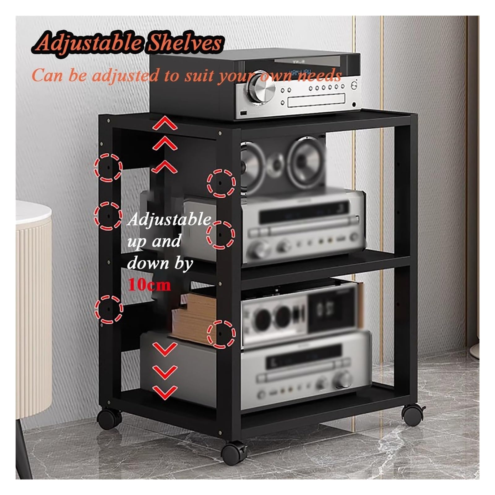 Générique Meuble Chaine HiFi Support Multimédia AV À 7 Niveaux avec roulettes, Console De Composants Audio-vidéo avec Étagères De Rangement Ouvertes, Centre Multimédia(Red)