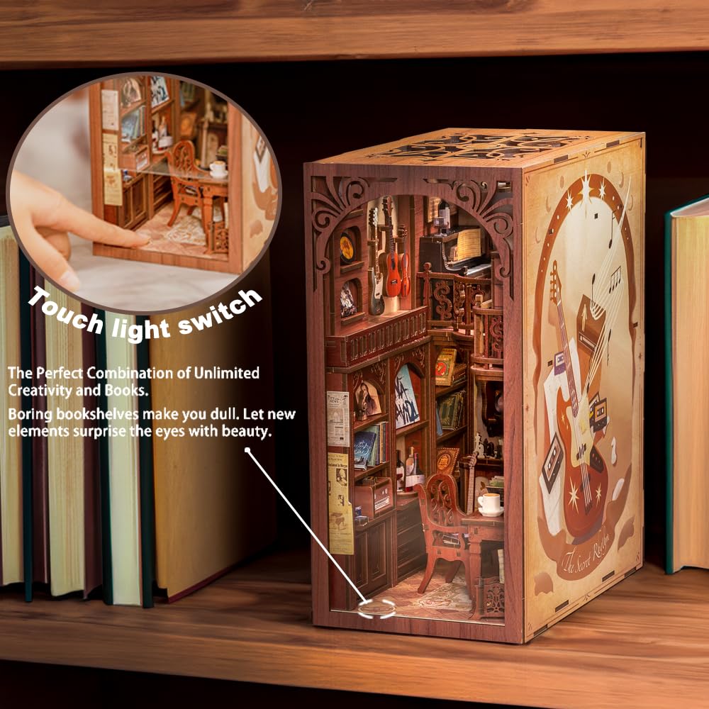 Cutefun DIY Case delle bambole Book Nook Model Kit,Reggilibri Scaffale Inserto Decorazione con fogli di polvere plug-able e luce LED,Kit di Costruzione di Modellini in Legno per Fai-da-Te(SZ03B)