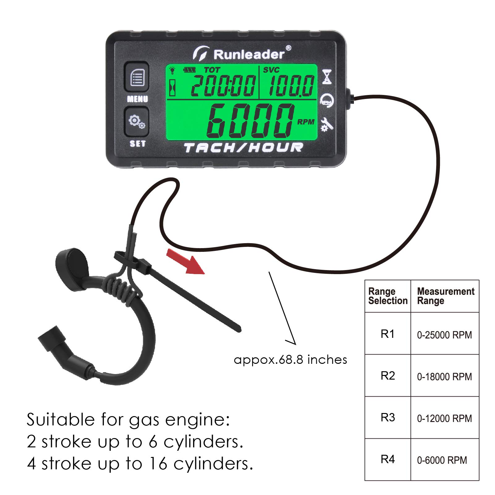 Runleader Betriebsstundenzähler Drehzahlmesser,Wartungserinnerung,Alarm-Drehzahlerinnerung, Anfangsstunden einstellbar,Batterie austauschbar,Verwendung für Rasenmäher Marine ATV（BK）