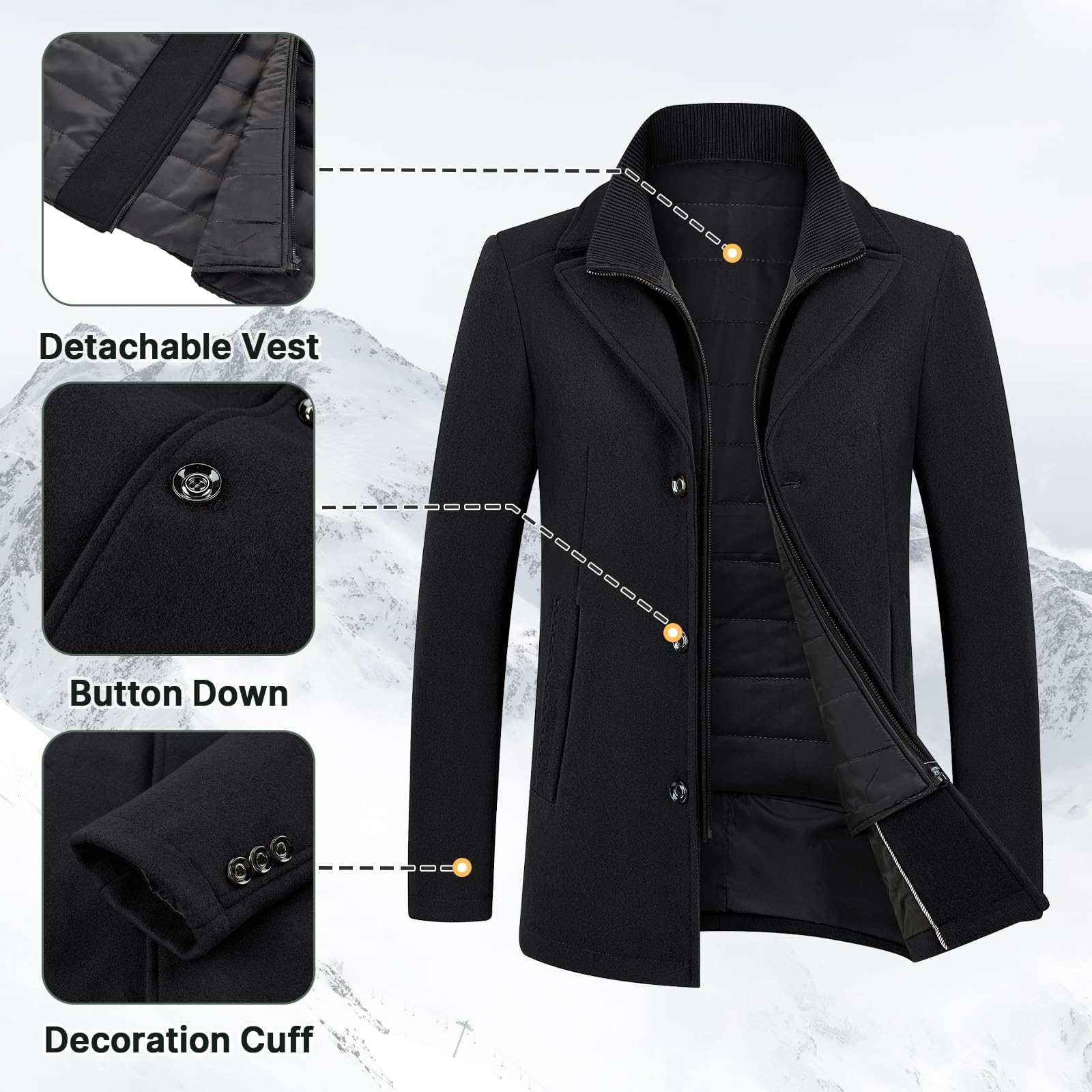 Manteau Homme en Laine pour Hiver Chaud Trench Coat Classique Parka Pardessus Caban Slim Fit Business Duffle-Coats Coup-Vent Revers Overcoat