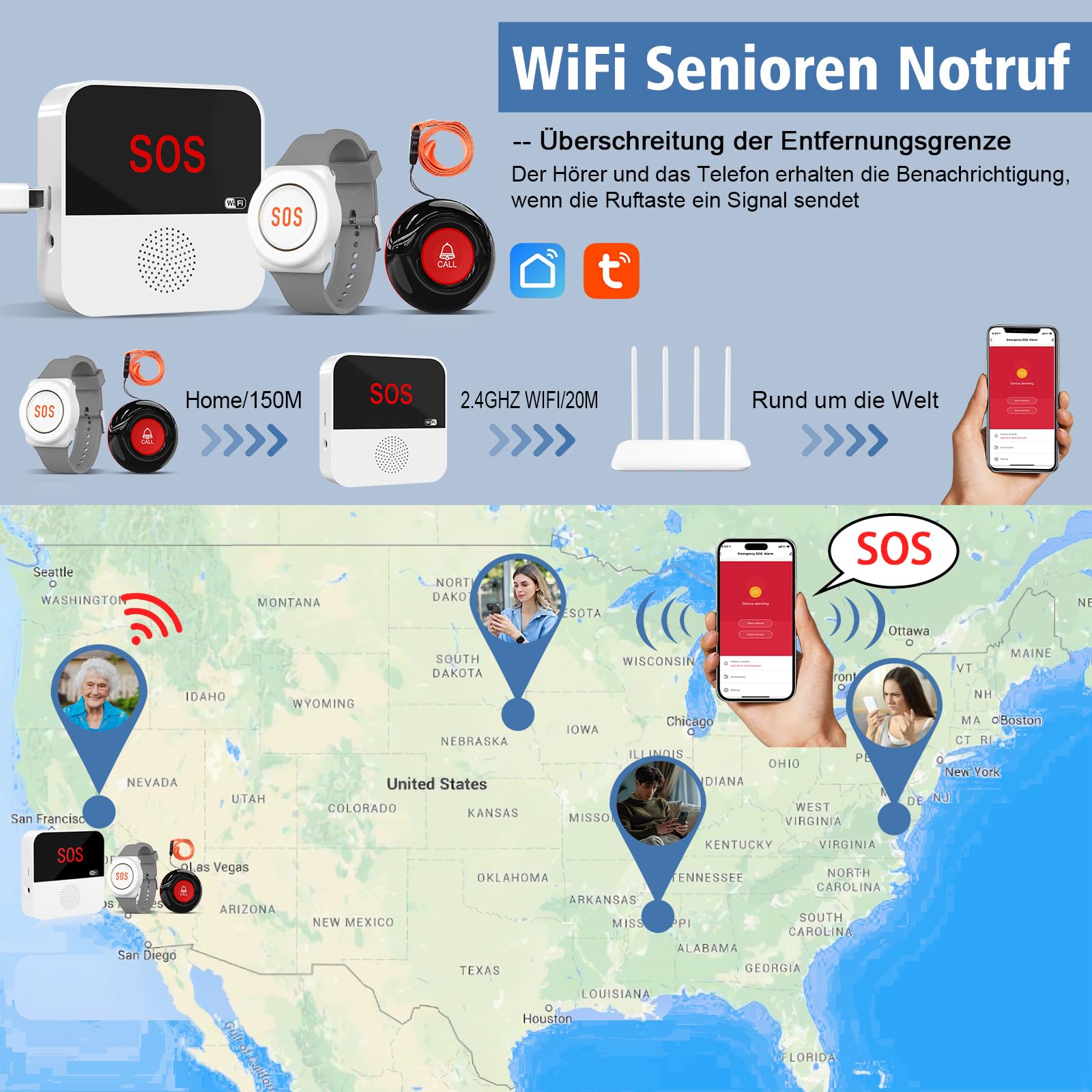 ChunHee Notrufknopf für Senioren Senioren Notruf Tuya WiFi Smart Notrufklingel Alert System für ältere Patienten Behinderte,Kinder