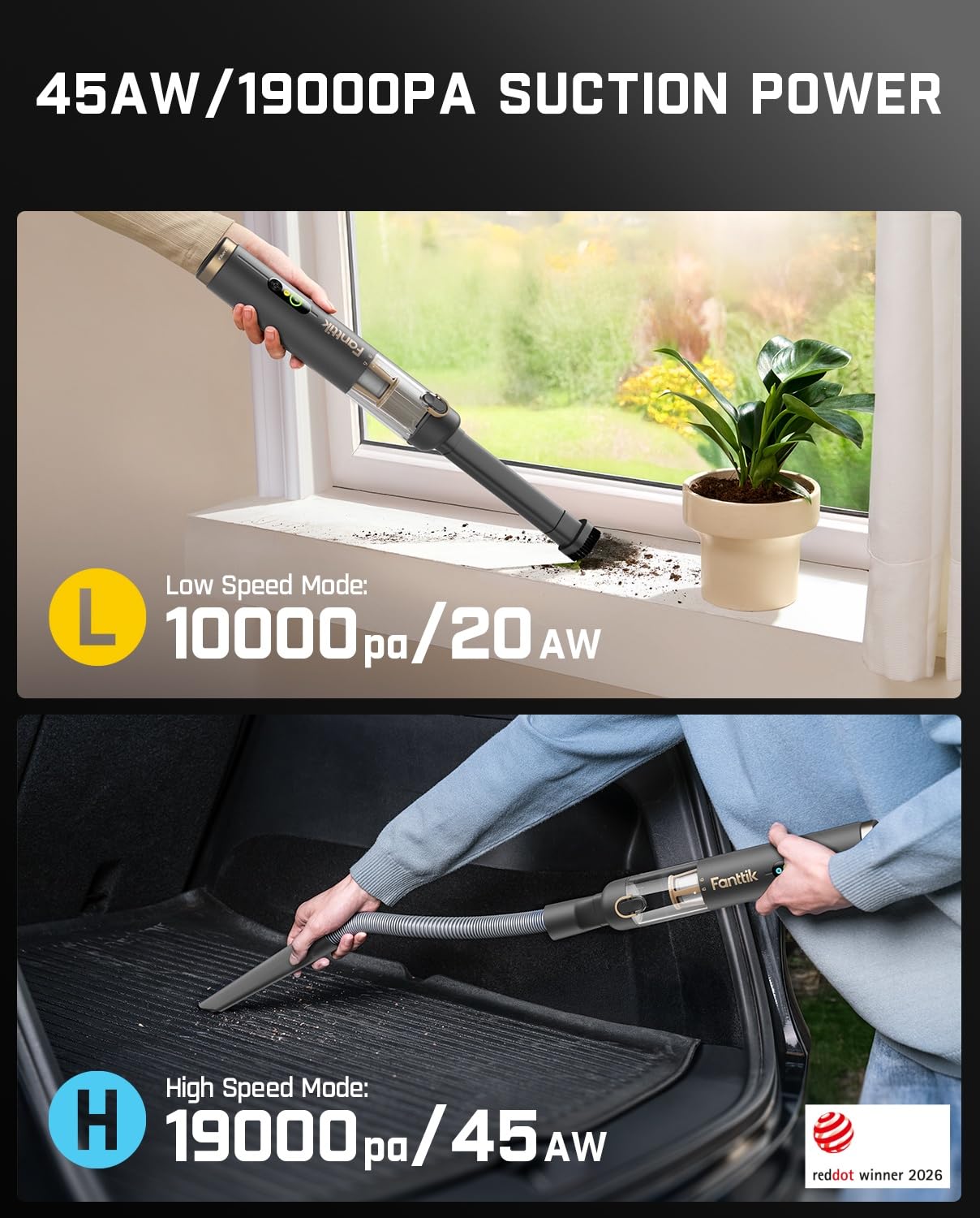 Fanttik Slim V10 APEX Cordless Car Vacuum, 4-in-1 Portable Mini Handheld Vac, Upgraded Smart Digital Display, 19kPa Suction Power, 2 Suction Modes for Small Jobs, Car, Office Desk, Keyboards (Gray) view 5