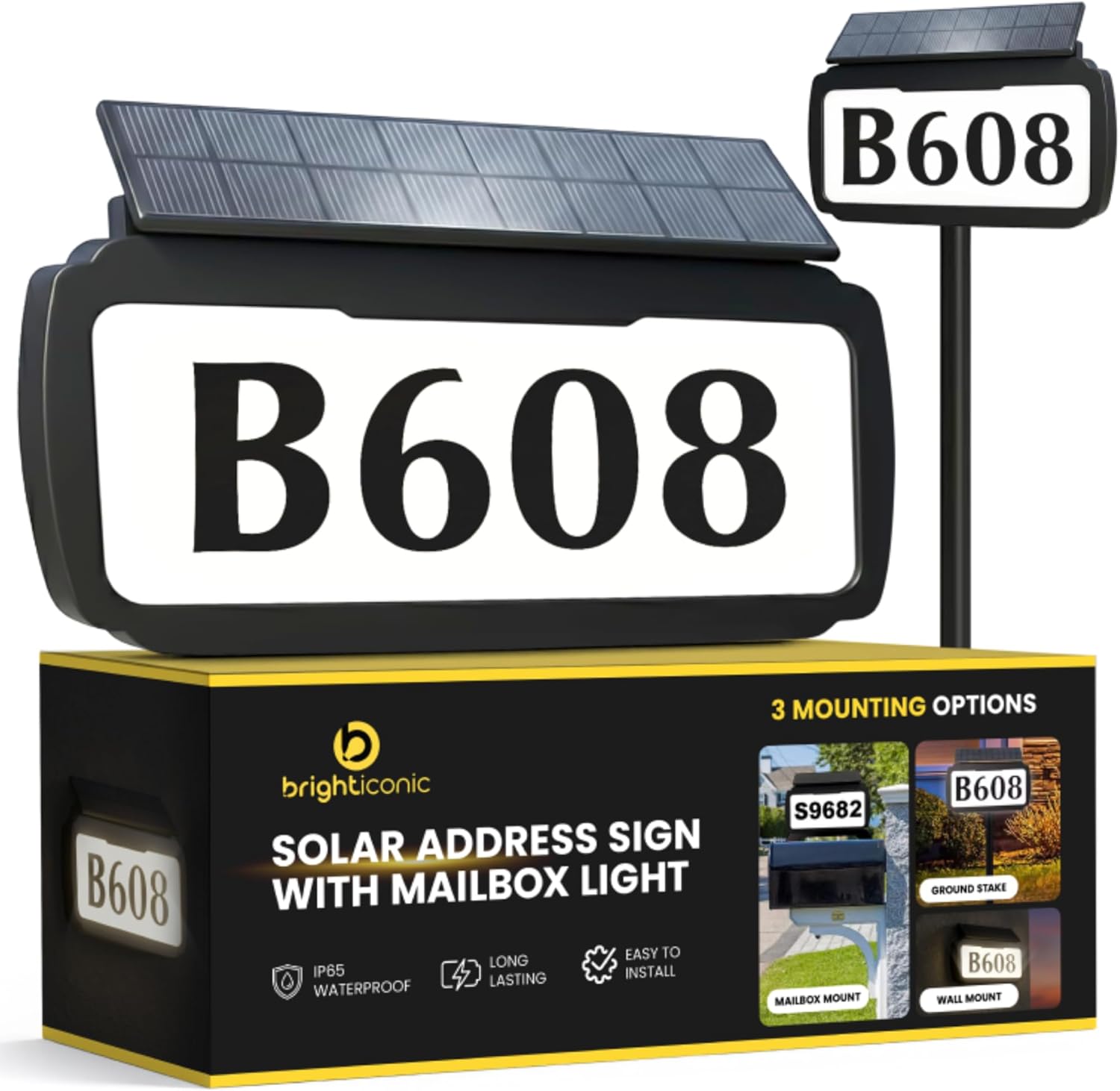 Brighticonic LED Solar House Numbers – 3 Color Modes, Easy Install, Adjustable Panel - Waterproof LED Lighted House Numbers – Auto Dusk to Dawn ON/Off - Visible Address Signs for Houses & Mailbox