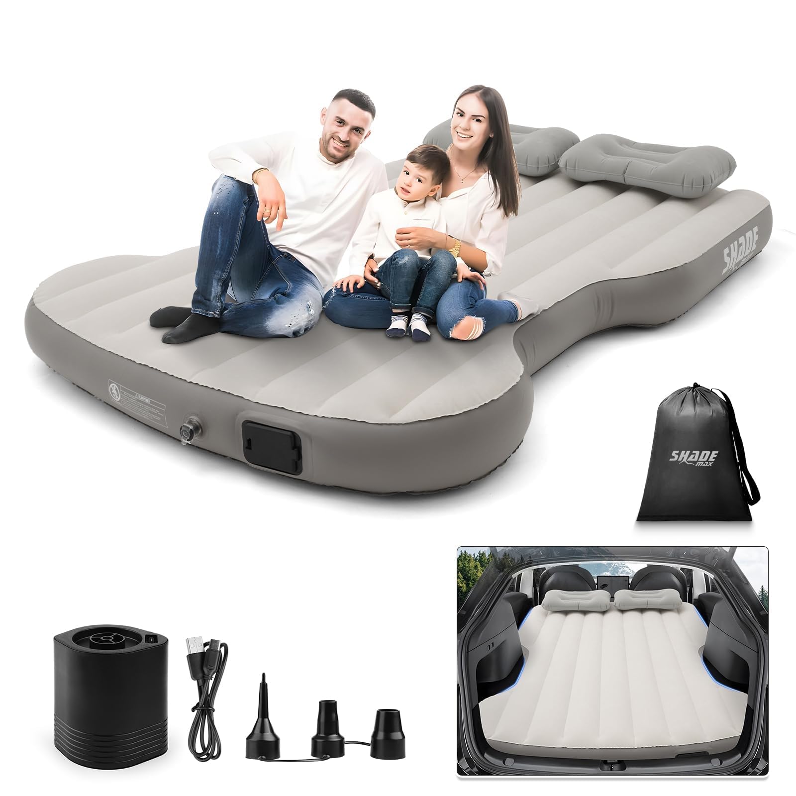Self-Inflating Car Air Mattress for Tesla Model Y 2025 2024-2020 / Model Y Juniper 2026 Accessories Outdoor Camping Air Bed with 2 Pillows Built-in Pump Air Couch Flocking Air Cushion (Beige&Gray)
