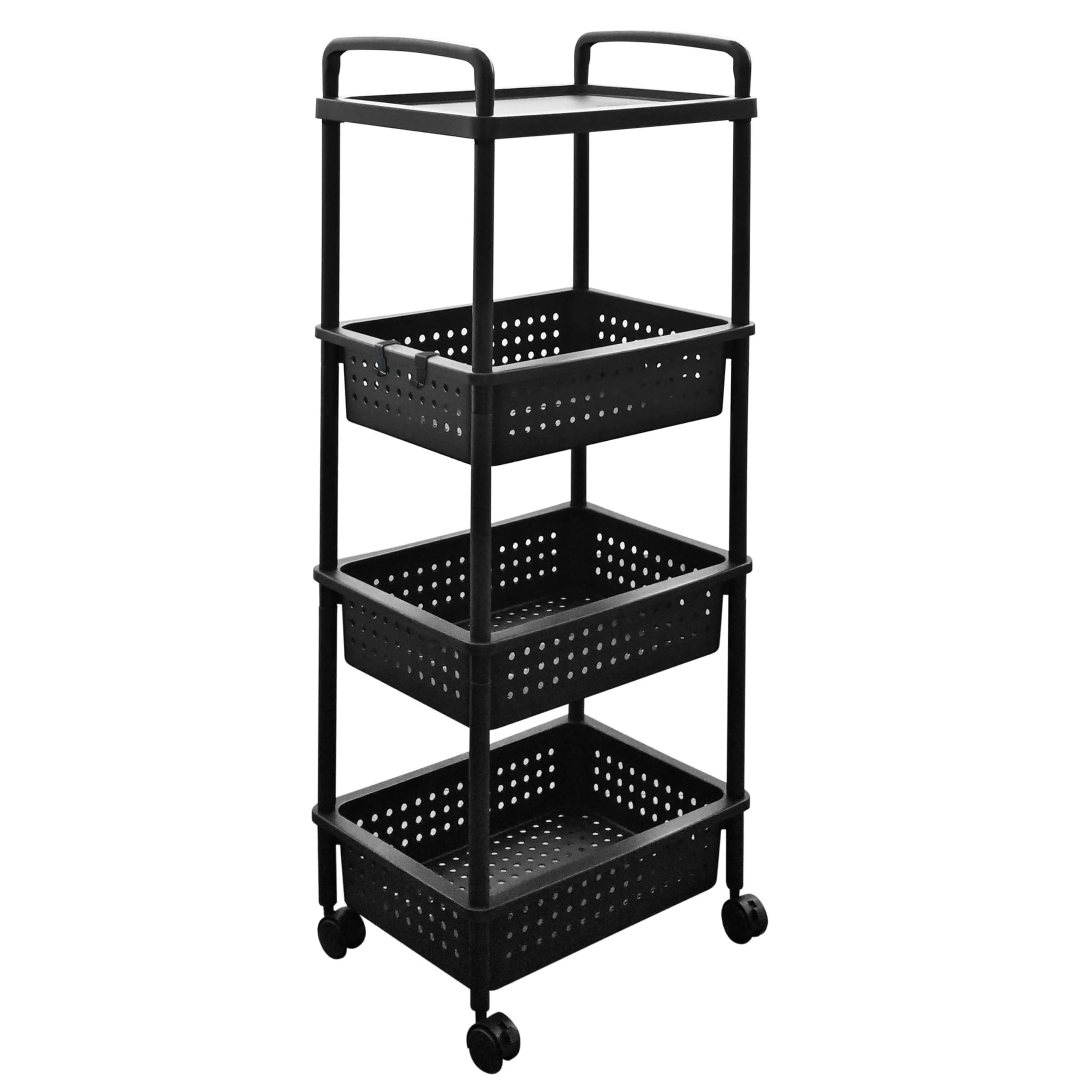 Abbaware Black 4 Tier Plastic Storage Utility Cart With Top Tray And Large Baskets With Reinforced Lockable Wheels For Home Storage, Office Storage,