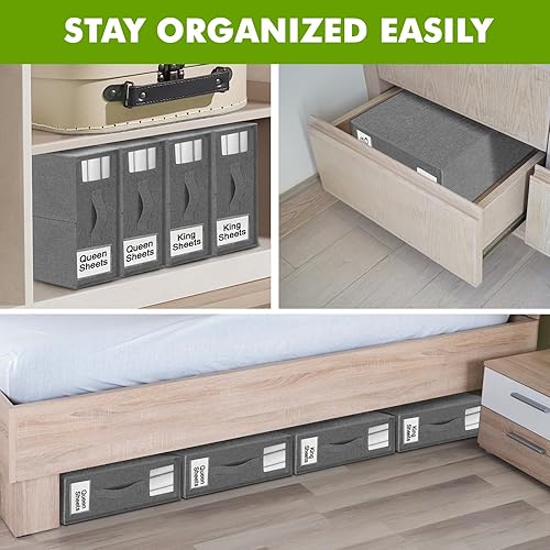 Miniatura 4 de WDZREE Paquete de 4 organizadores de sábanas y almacenamiento (tamaño Queen y King), caja de almacenamiento plegable para juego de funda de edredón,