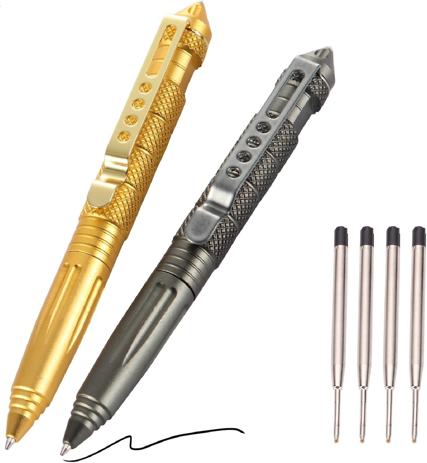 2 Pack Navy Tactical Pen Set with 6 Black Ballpoint Refills for Writing, Made from Tungsten Metal & Aluminum (Grey & Gold)