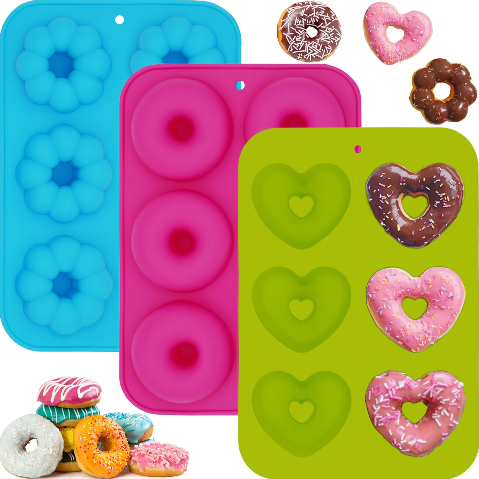 Lot De 3 Moules à Donuts Silicone 6 Cavités - Bleu, Orange, Vert - Idéal Pour Gâteaux, Bagels & Muffins