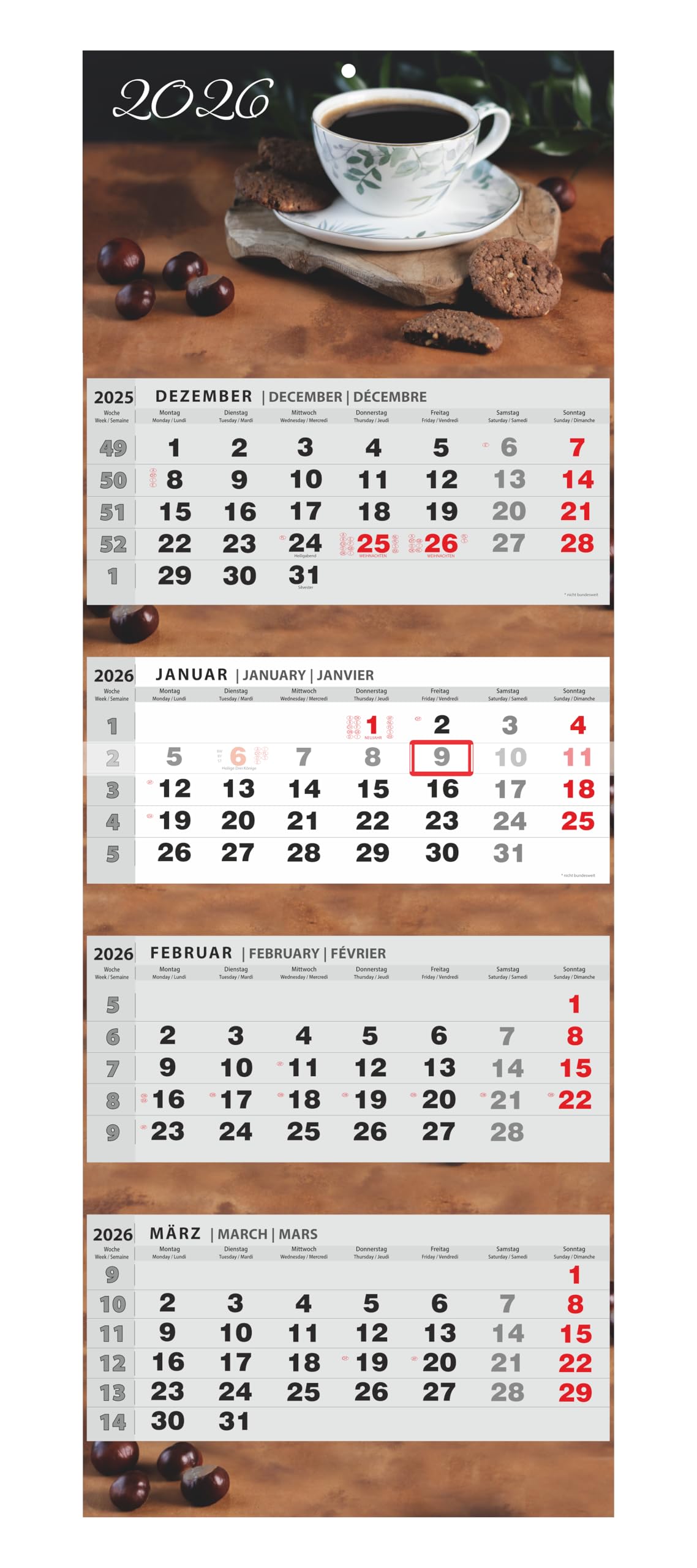 JAROGRAF Combi 4-Month Calendar 2026 Office Calendar Large Wall Calendar (Coffee)