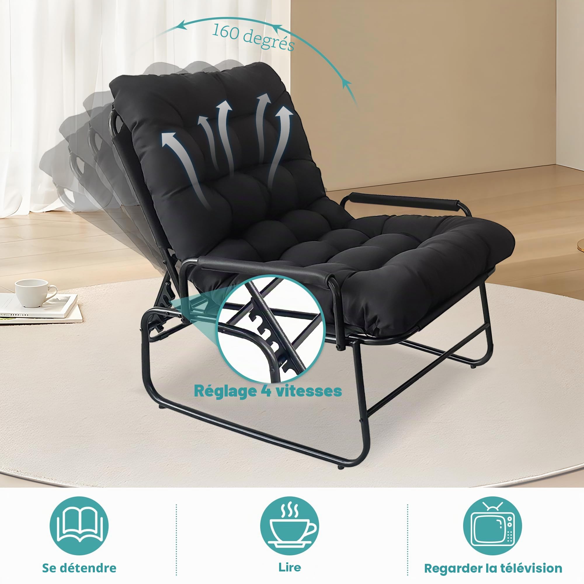 Chaise Longue Inclinable avec Repose-Pieds, Chaise Relax de Jardin, Fonction D'inclinaison à 4 Positions, Coussin Amovible avec Repose, Chaise Longue Détente pour Jardin, Terrasse (Noir)