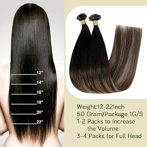 Miniatura 4 de RUNATURE Extensiones de cabello Remy con punta en U, color negro que se desvanece a marrón oscuro, mezcla de rubio caramelo, queratina, extensiones