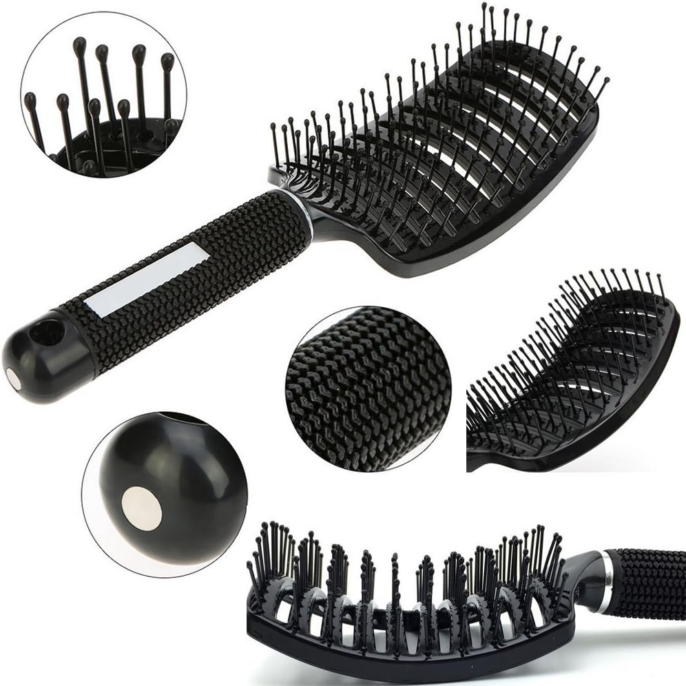 Curved and Vented Detangling Black paddle Hair Brush Perfect for Keratine and for Any type of Hair, Thick, Thin, Long, Curly. Massage and Fast Dry with Plastic Bristles. Unisex