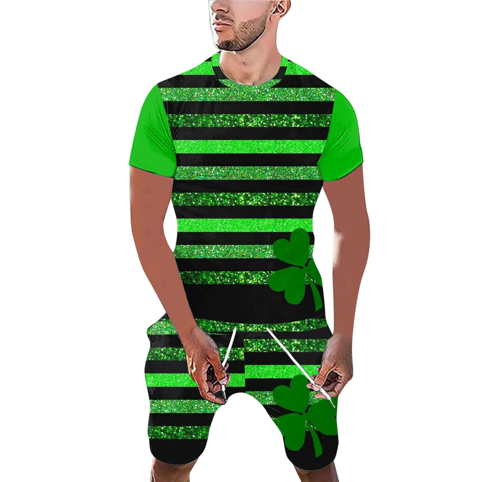 Irish Leprechaun Fancy Dress Costume for Men 2 Piece Green Suit with Funny Graphic T-Shirt & Stretch Shorts St Patrick's Day Party Outfit, St Paddy's Celebration