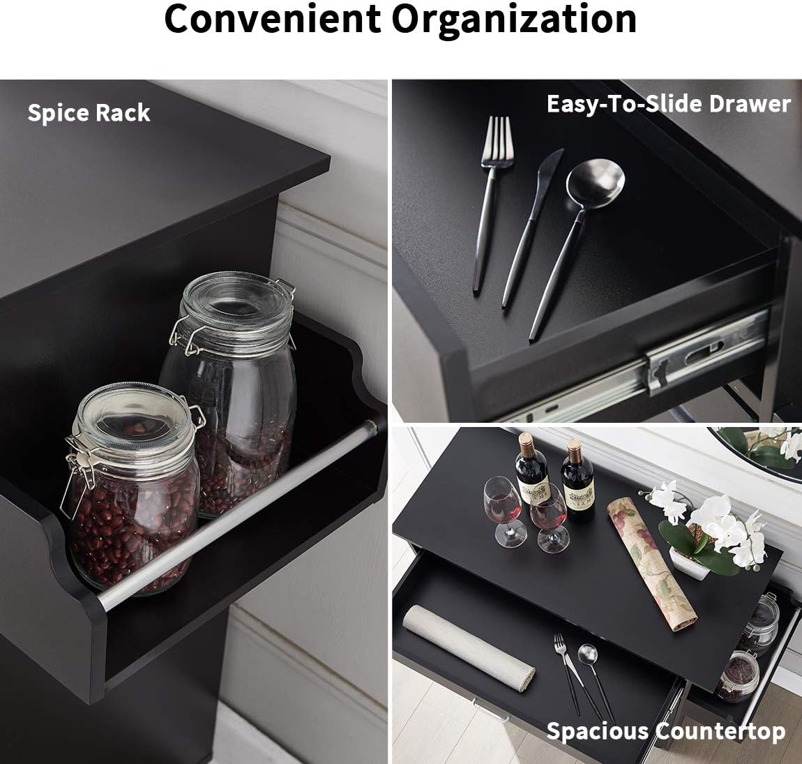 Kitchen Island with Storage on Wheels Kitchen Cart Trolley with Storage, Wood Top Kitchen Cart with Drawers, Buffet Cabinet, Storage Cabinet, Spice Rack for Kitchens Dining, Black - Storage Islands & Carts