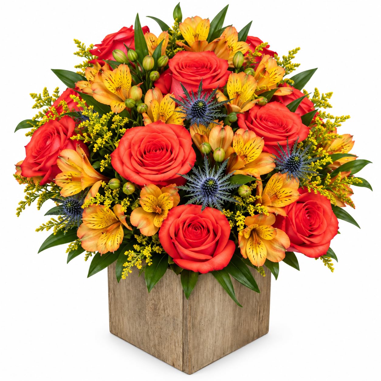 Cinnamon Sugar in Wooden Vase | Orange, Green Fresh Flower Arrangement | Arabella Bouquets | Fresh Flowers for Delivery, Anniversary, Congratulations, Thanksgiving