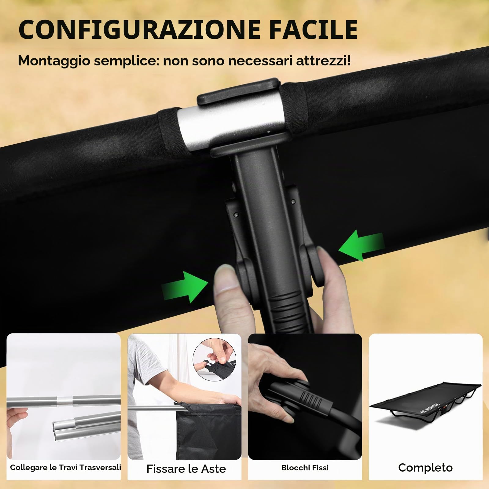 Lettino da Campeggio Ultraleggero, Pieghevole Brandina da Campeggio, Portatile, 192 x 70 cm, Peso Massimo 160 kg, Facile da Costruire, per Campeggio, Viaggi, Escursioni, Spiaggia, Nero