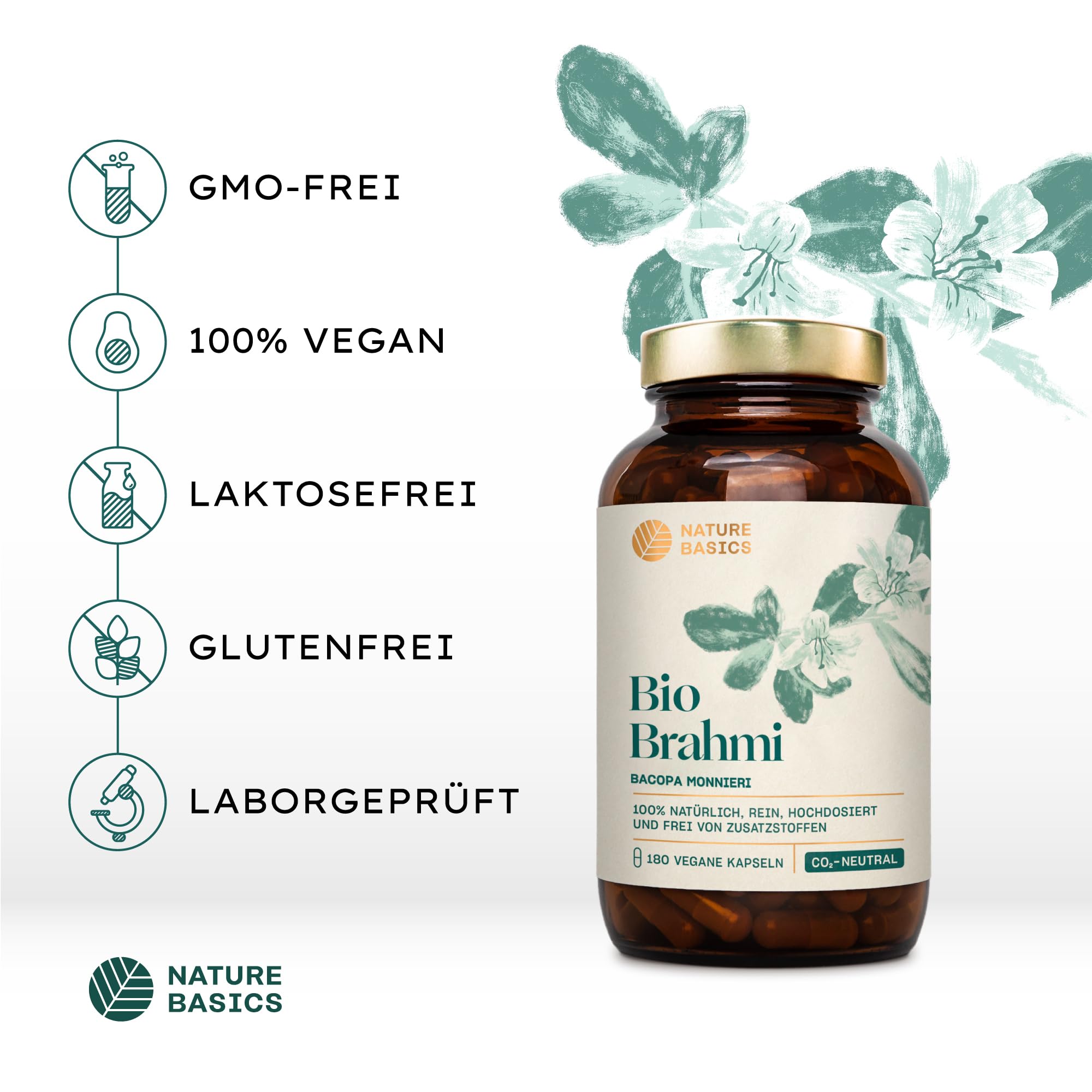 Bio Brahmi - 180 Kapseln hochdosiert / 1000 mg Brahmi Bacopa Monnieri pro Tagesdosis/Ayurveda Nahrungsergänzung/Vegan, Zertifiziert & Nachhaltig im Glas