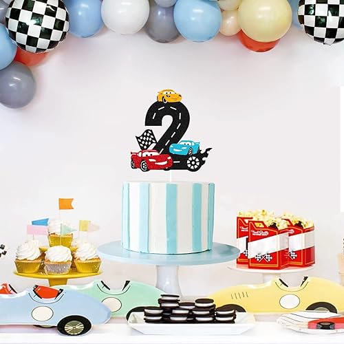 Miniatura 4 de Decoración para pastel de 2º cumpleaños con diseño de auto de carreras, decoración rápida para tartas de autos de carreras, bandera a cuadros, para