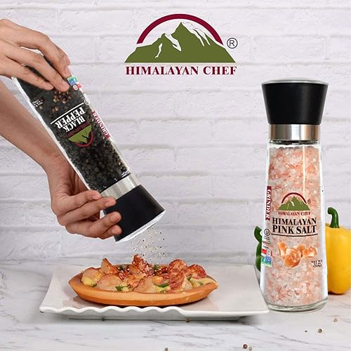 Miniatura 7 de Himalayan Chef Juego de molinillo de sal y pimienta del Himalaya de acero inoxidable, coctelera de vidrio alta con grosor ajustable, grande