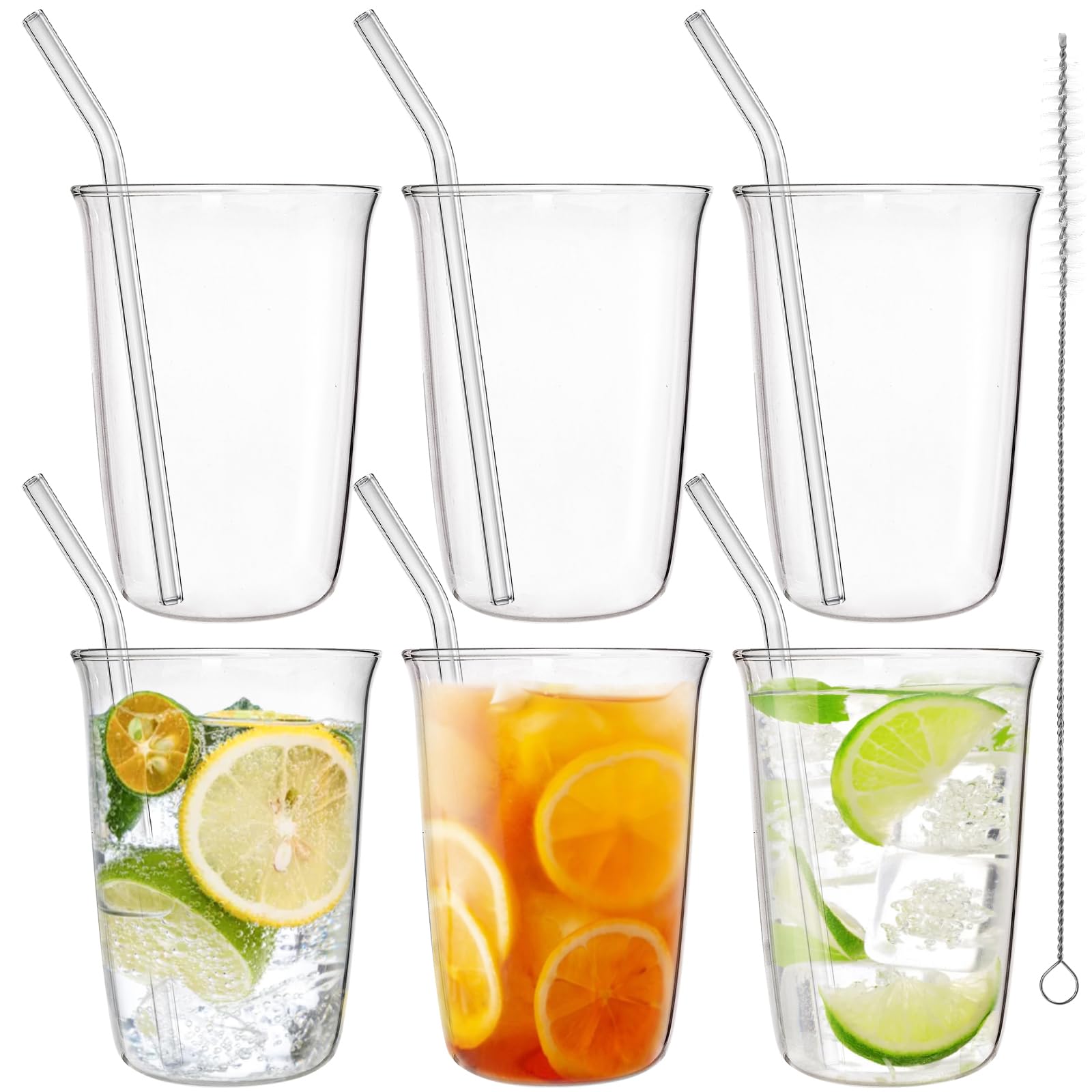 6 Piece Drinking Glasses 16 Oz Clear Water Glass Set with Straws Lead-free Highball Glass Cup Kitchen Glassware