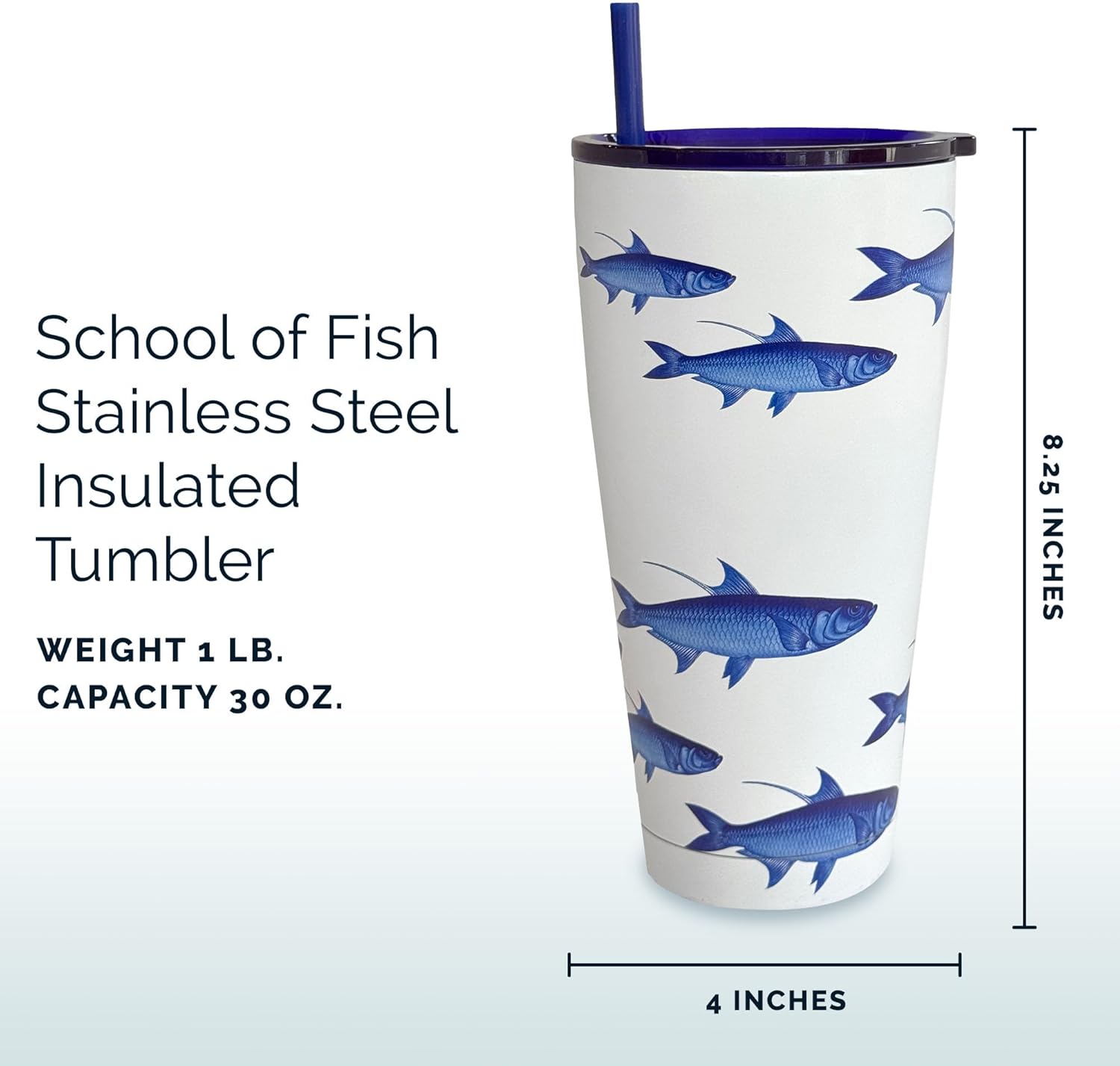 Caskata School of Fish Stainless Steel Insulated Tumbler | Cup, Lid & Straw Set for Travel, Commuting, & School | Perfect for Birthday, Christmas & Holiday Gifts | Blue on White Color | 30 oz