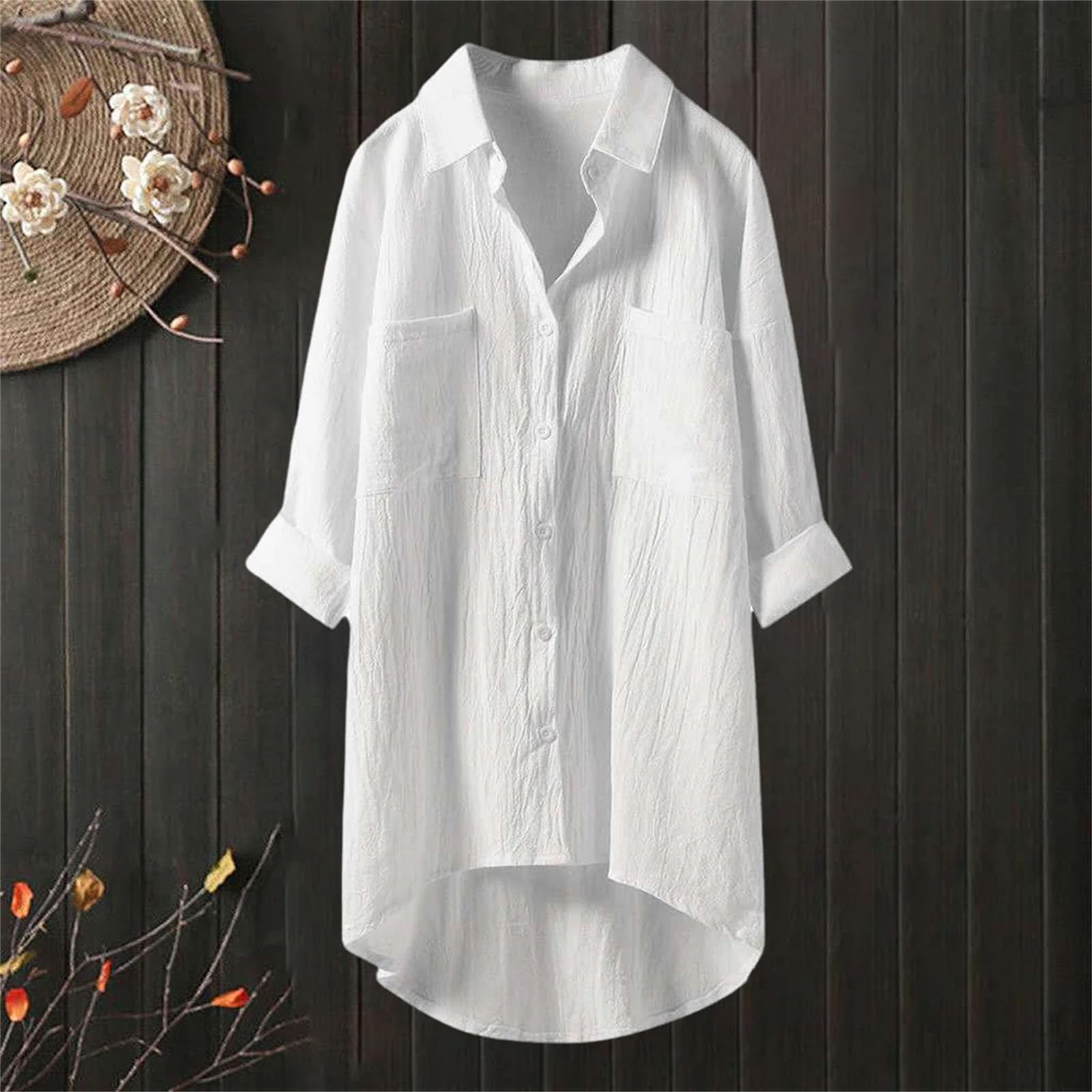 Camisas casuales de talla grande para mujer, blusa de manga larga con cuello de solapa, botones de color sólido, camisa de manga larga