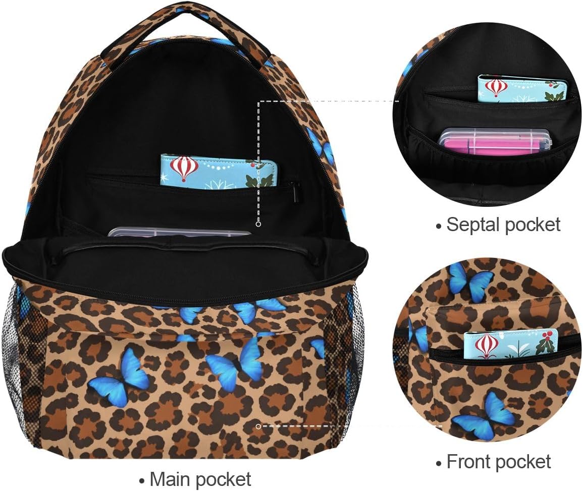 Blue Butterfly Leopard Cheetah Print Custom School Backpack for Boys Girls, Personalized Name Elementary School Bookbag Travel Bag Daypack