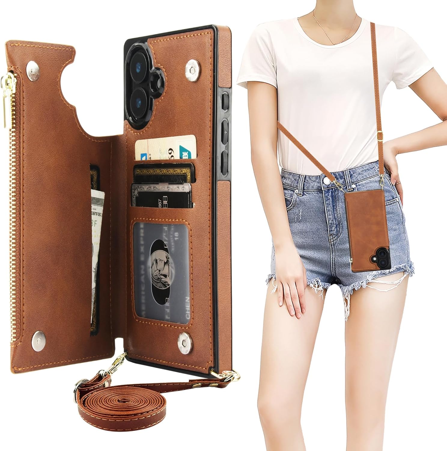 Bocasal Crossbody Wallet Case for iPhone 16 Plus with RFID Blocking Card Slot Holder, Magnetic Flip Folio Purse Case, PU Leather Zipper Handbag with Detachable Lanyard Strap 6.7 Inch 5G (Brown)