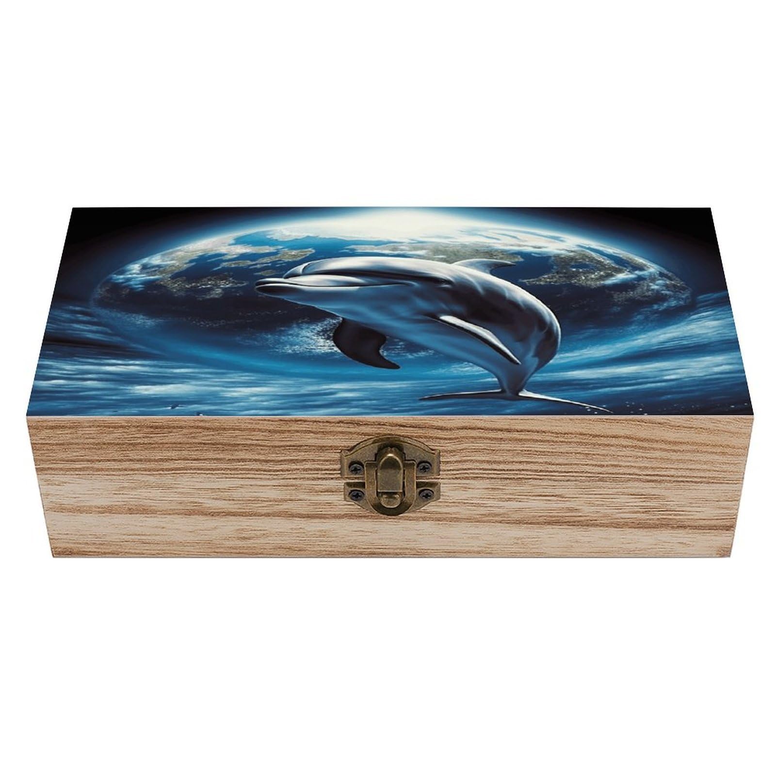 JTREHY Dolphin Earth Wooden Keepsake Box Vintage-Style Wood Keepsake Case with Hinged Lid Solid Wood Boxes Beautifully Memory Treasure Case Vintage-Style Wooden Storage Box
