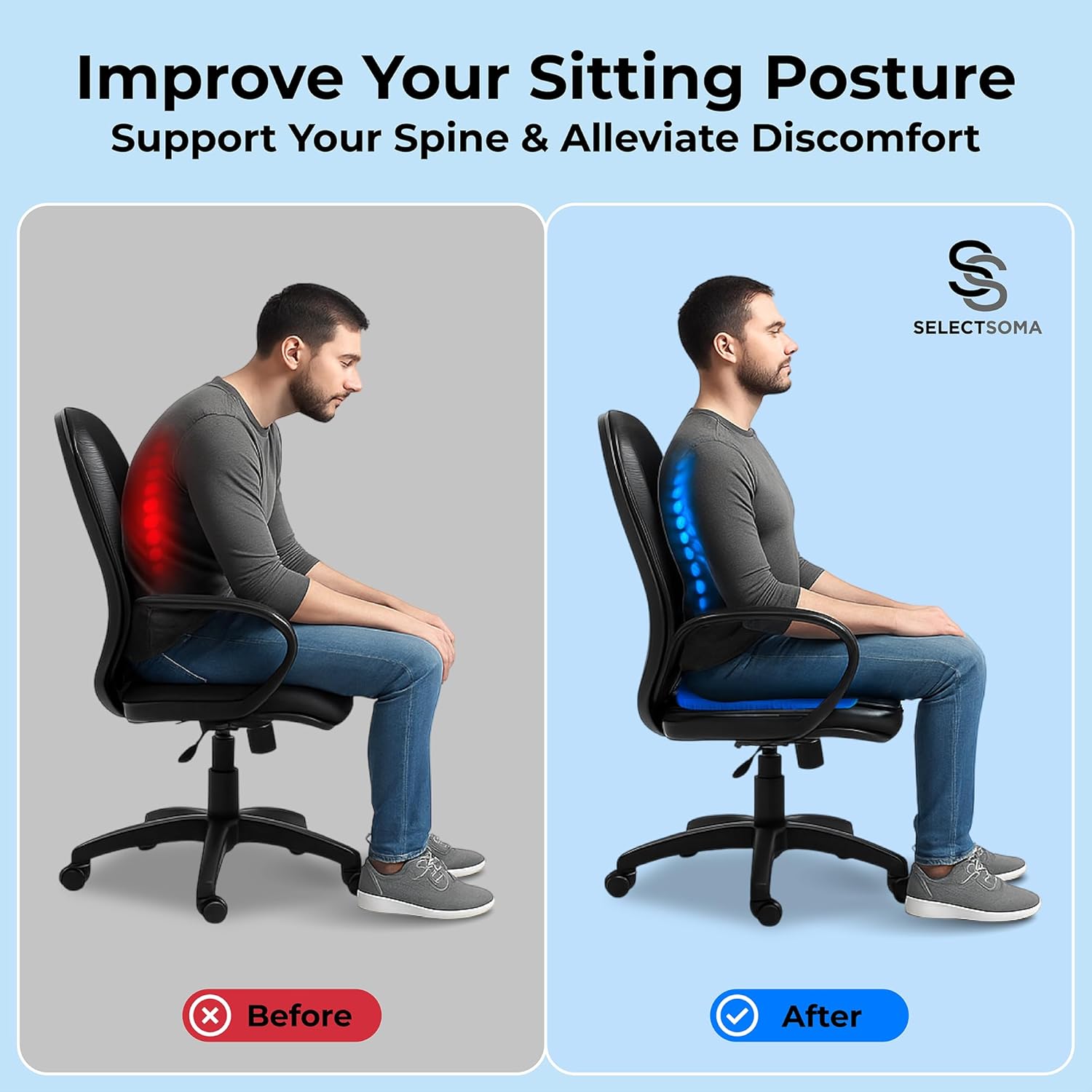 SelectSoma Double-Thick Gel Seat Cushion for Long Sitting Pressure Relief for Back, Sciatica, Coccyx, Tailbone Pain - Cushion for Office Chair, Wheelchair, Car & Truck, Patio Chairs - Egg Seat Pad