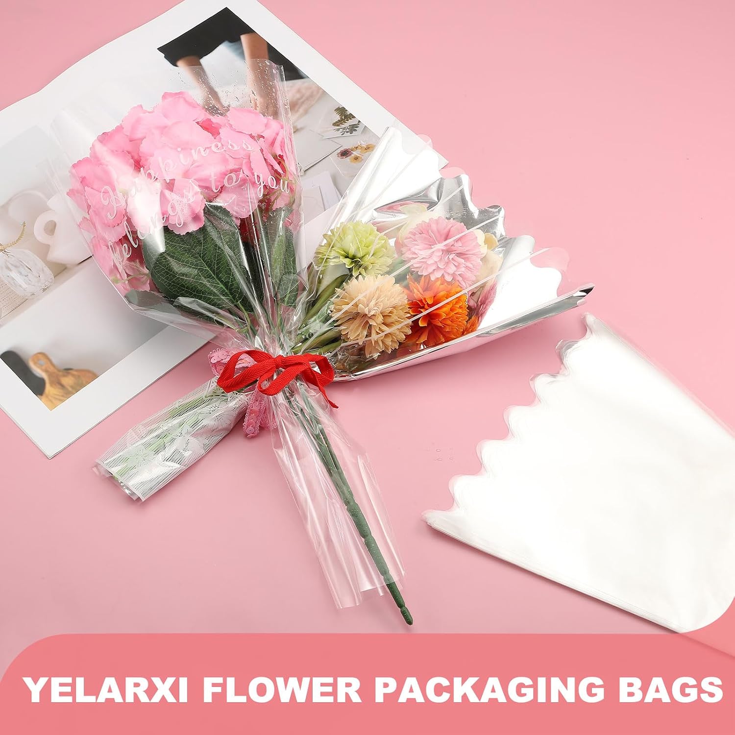 YELARXI Clear Flower Wrapping Bags, Transparent Flower Packaging Bag Waterproof Durable Bouquet Sleeves - Fitting for (Florists/Floral Arrangements Supplies), 13.8x3.9x19.7 Inch & 100Pcs