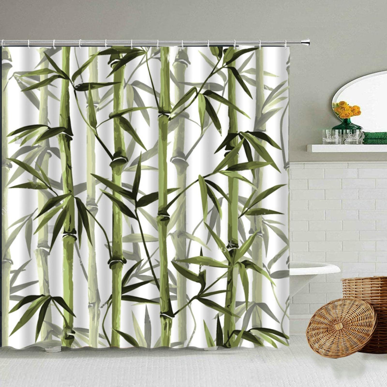 Tizhweqo 3D groen bamboe douchegordijn 200 x 200 cm, groene bamboeprint anti schimmel douchegordijnen badgordijn waterdicht polyester stof decoratieve badkamer gordijnen met haken