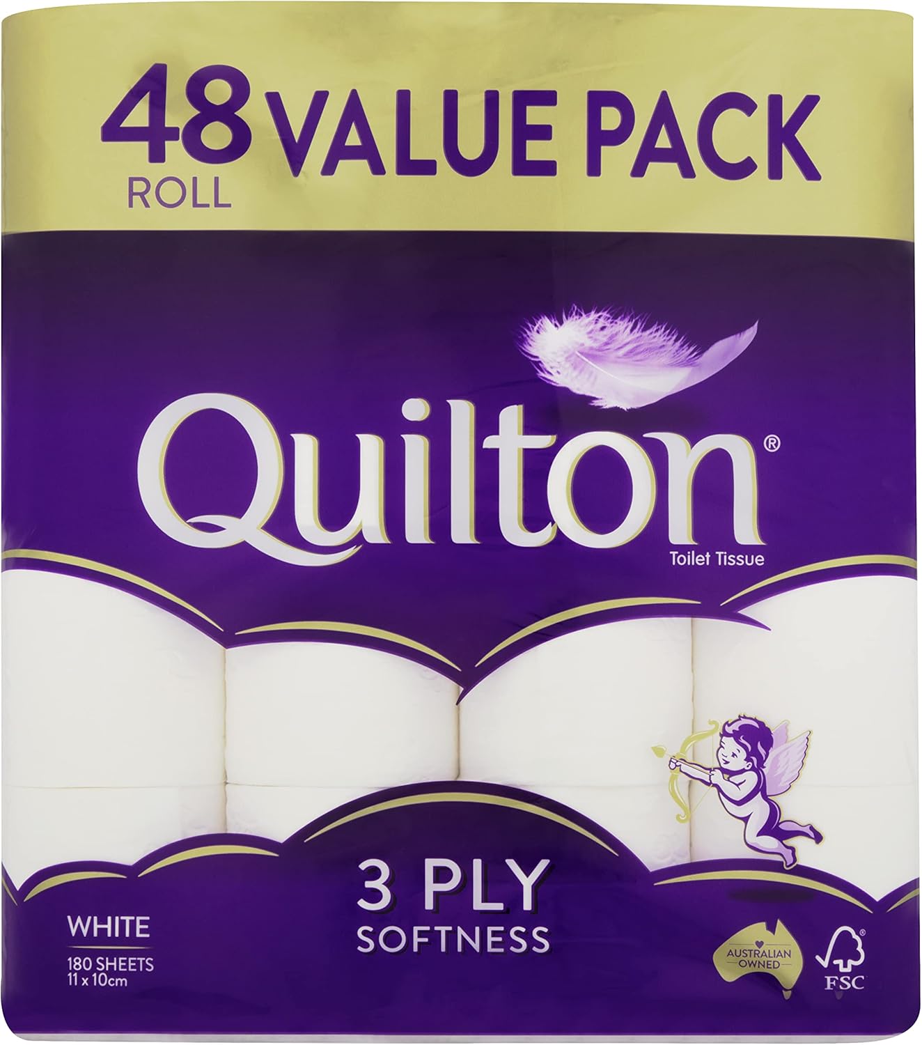 Quilton 3 Ply Toilet Tissue (180 Sheets per Roll, 11x10cm), Pack of 48 Rolls (no Inner Packs