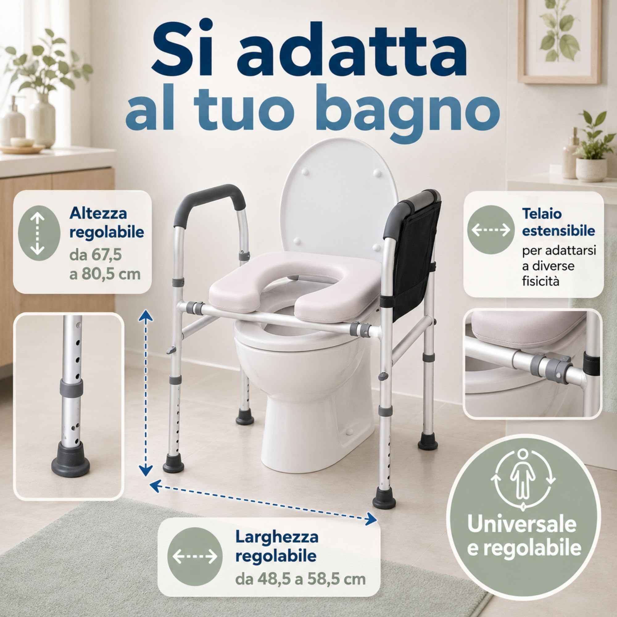 TERMIGEA - Rialzo WC per Anziani Regolabile, Alzata per WC Rialzo Water Universale Adatto a Qualsiasi Water, Alzawater Altezza da 67,5 cm a 80,5 cm, Larghezza da 48,5 cm a 58,5 cm - Portata 150 KG