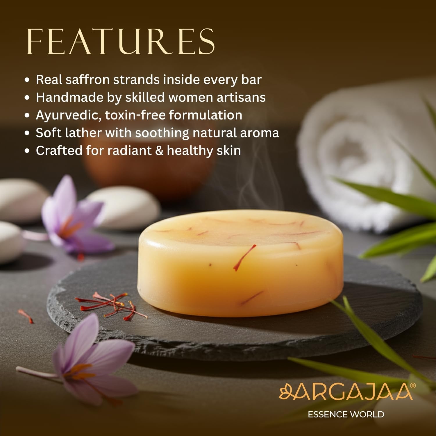 ARGAJAA Essence World Premium Handmade Saffron Soap 100g | Natural Ayurvedic Bathing Bar | Skin Brightening & Glowing Soap | Gentle, Fragrant & Chemical-Free | Suitable for All Skin Types 2