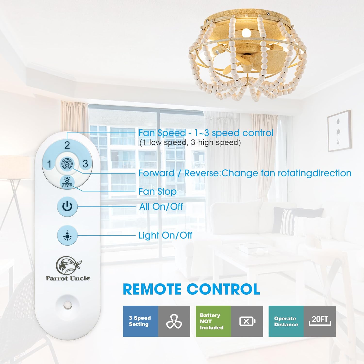 Parrot Uncle Ceiling Fans with Lights and Remote Caged Ceiling Fan for Bedroom Bohemia Bladeless Small Ceiling Fan with Light Flush Mount, 13 Inch