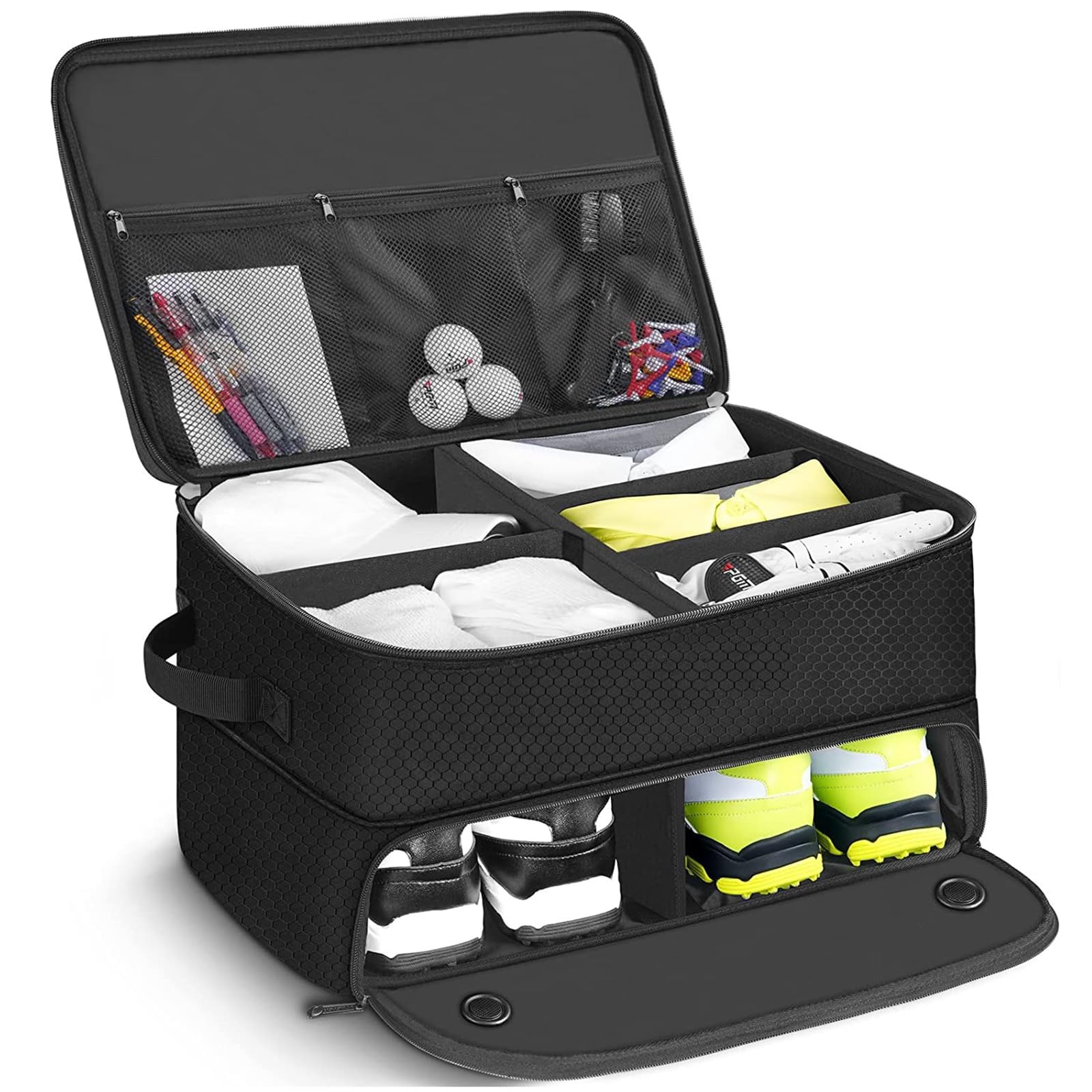 Organizer Per Bagagliaio Da Golf A 2 Livelli, Armadietto Da Golf Per Auto Con Scomparto Ventilato Separato Per 2 Paia Di Scarpe, Contenitore Da Golf Per Palline, Tee, Abbigliamento, Guanti, Accessori