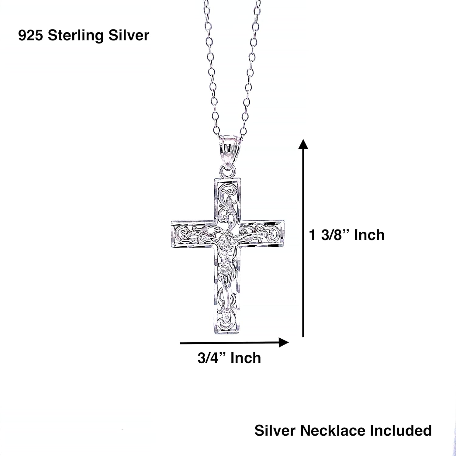 Silver Jesus Cross Pendant Necklace - 925 Sterling Silver - Silver Adjustable Necklace 16"-18" - Image 3