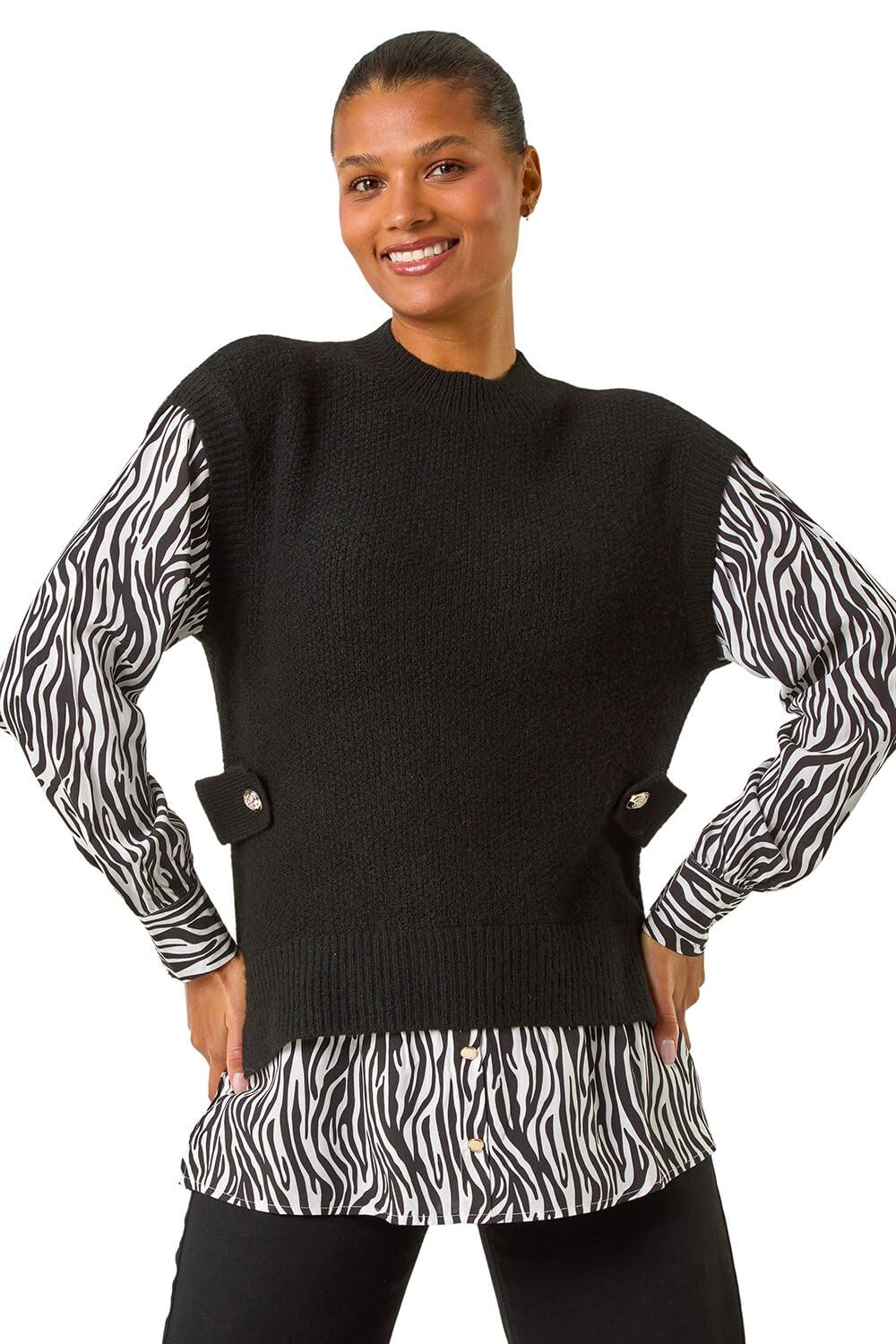 Roman Originals Women's Black 2 In 1 Animal Print Knit Jumper For Uk - Everyday Autumn Winter Round Neckline Comfy Soft Evening Vacation Work Party Night Out - Size 12