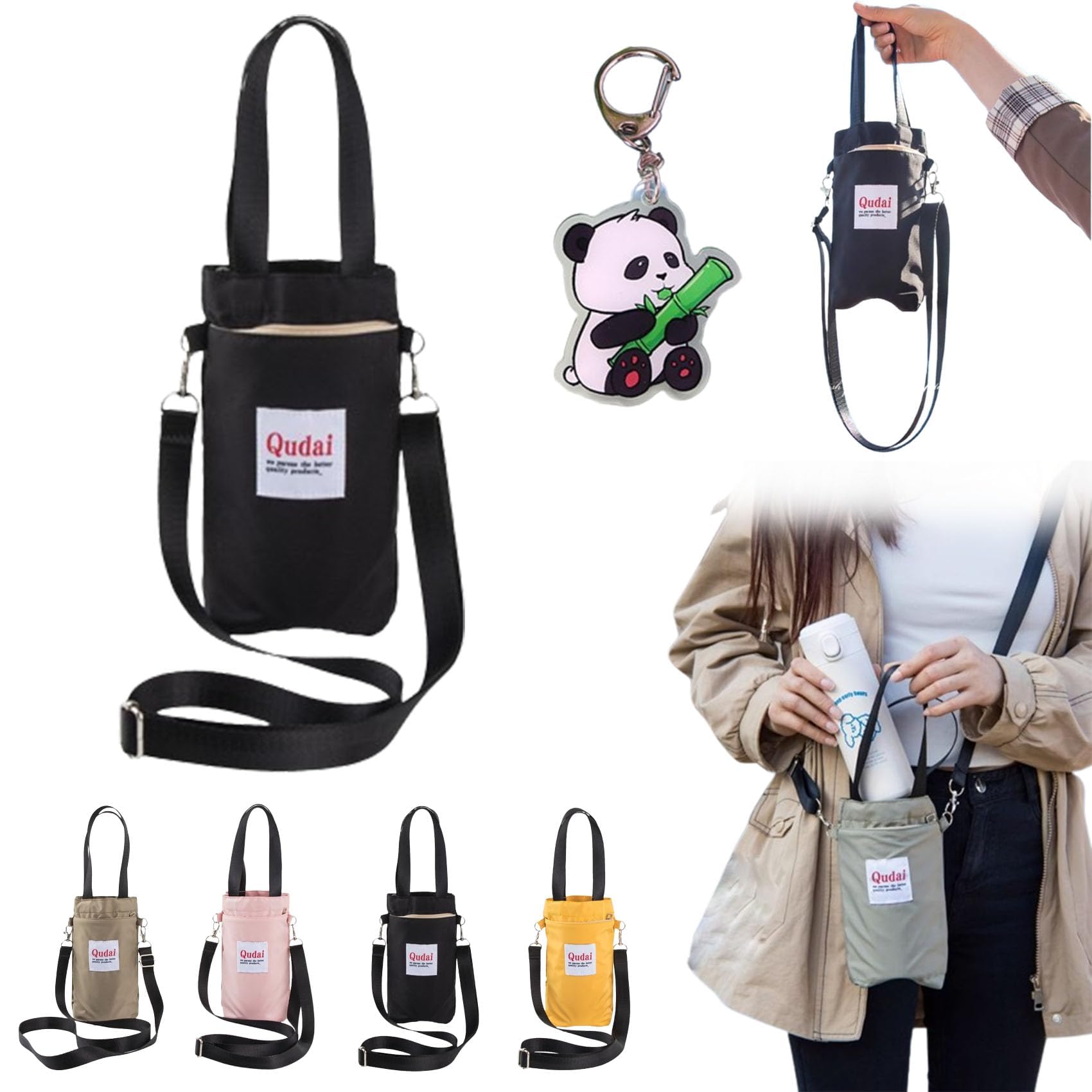 DMJHJY Qudai Bottle Bags, Large Size Crossbody Portable Hand-Held Water Cup Bag, Water Bottle Carrier Bag with Adjustable Shoulder Strap, Summer Out Multifunctional Bag (Black)