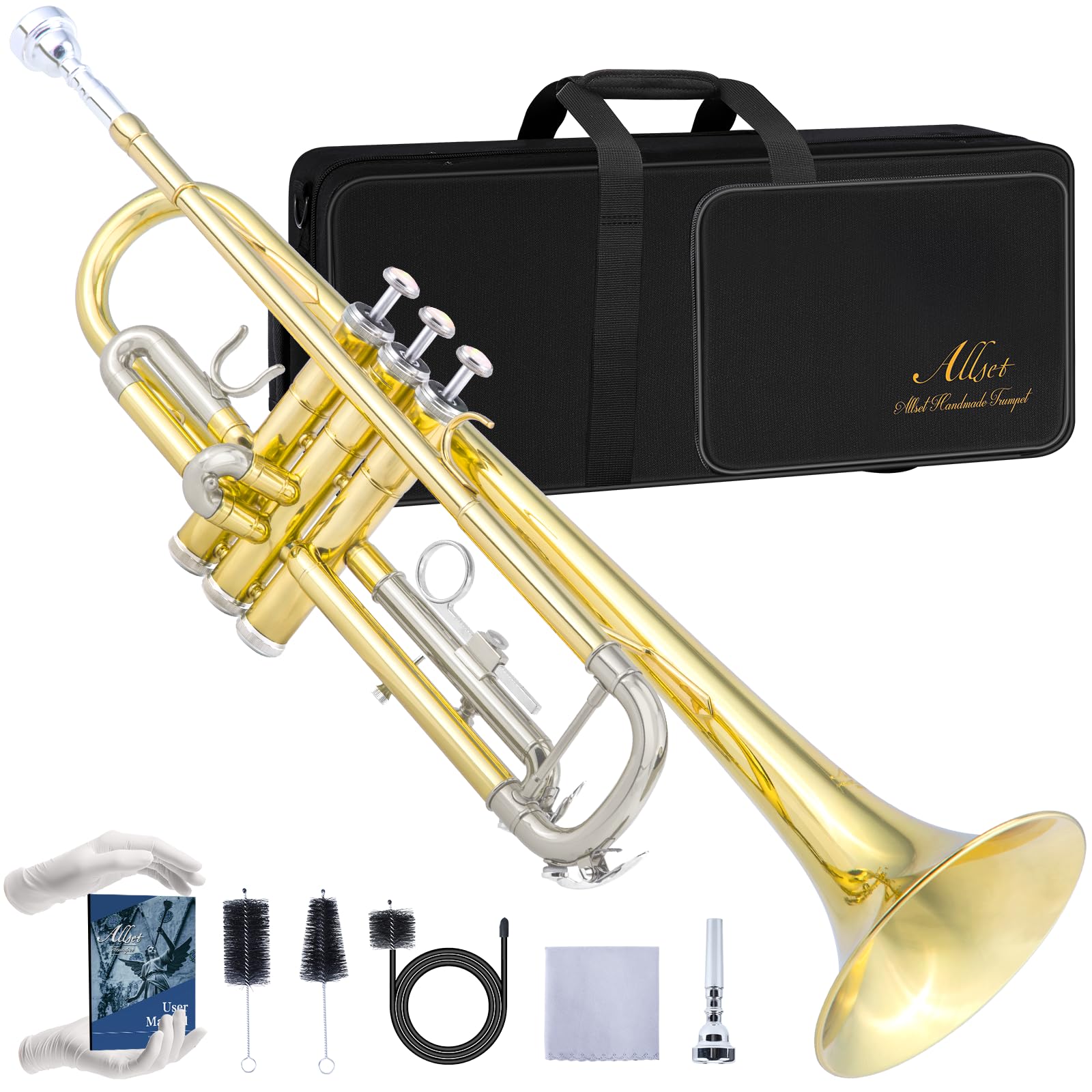 ALLSET Bb Standard Trumpet for Beginners | Student Band, Orchestra, Pro Level Performance | Professional Brass Trumpet Kit with Hard Case, 7C Mouthpiece&amp; Cleaning Kit | Gold Tube &amp; s Silver key