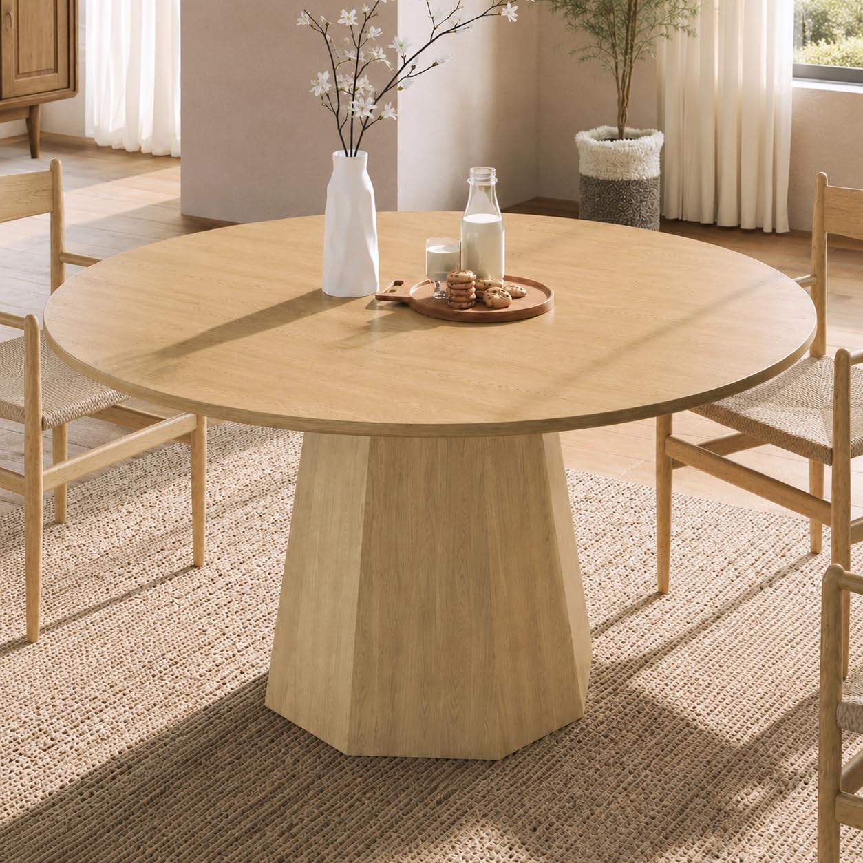 FammyLoft Wooden Dining Table for 4-6 People, Round Kitchen Table, Oak