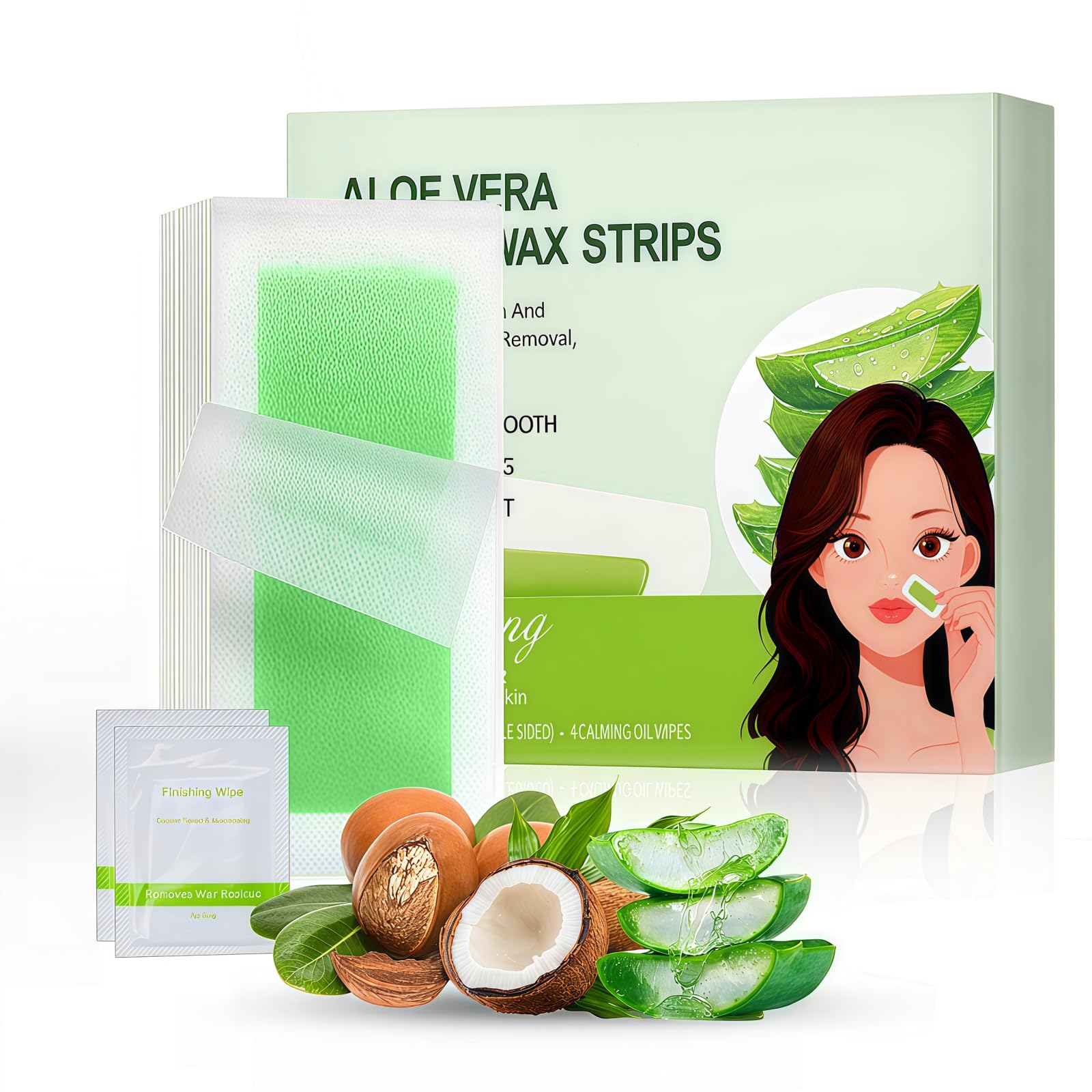 Wax Strips for Face, 20Pcs Waxing Strips for Body Hair Removal, Waxing Kit for Women with 20 Face Wax Strips & 2 Calming Oil Wipes，aloe-PaleGreen