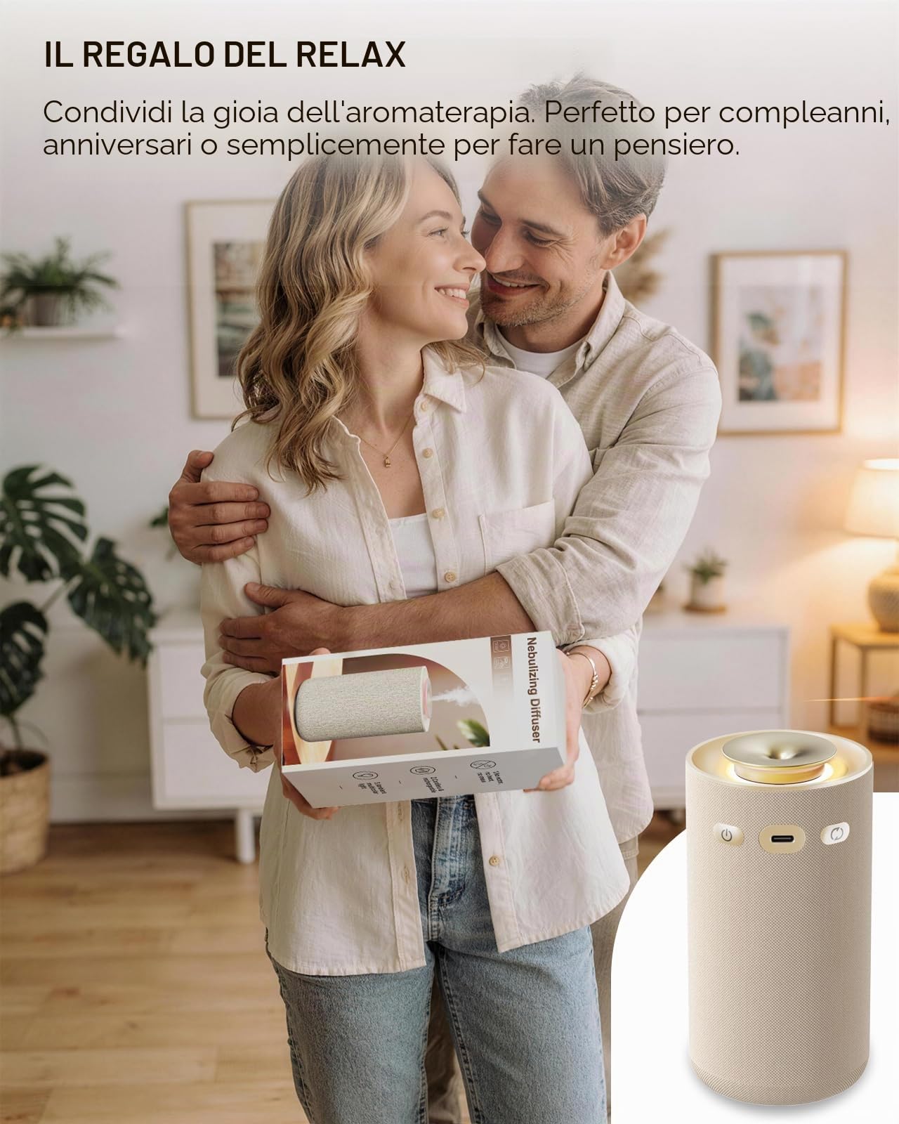 Diffusore di Oli Essenziali Senza Acqua – Nebulizzatore Aromaterapia Puro a Freddo Ricaricabile per Casa. Profumatore Ambiente Wireless con Design in Tessuto Premium e Batteria a Lunga Durata - Beige