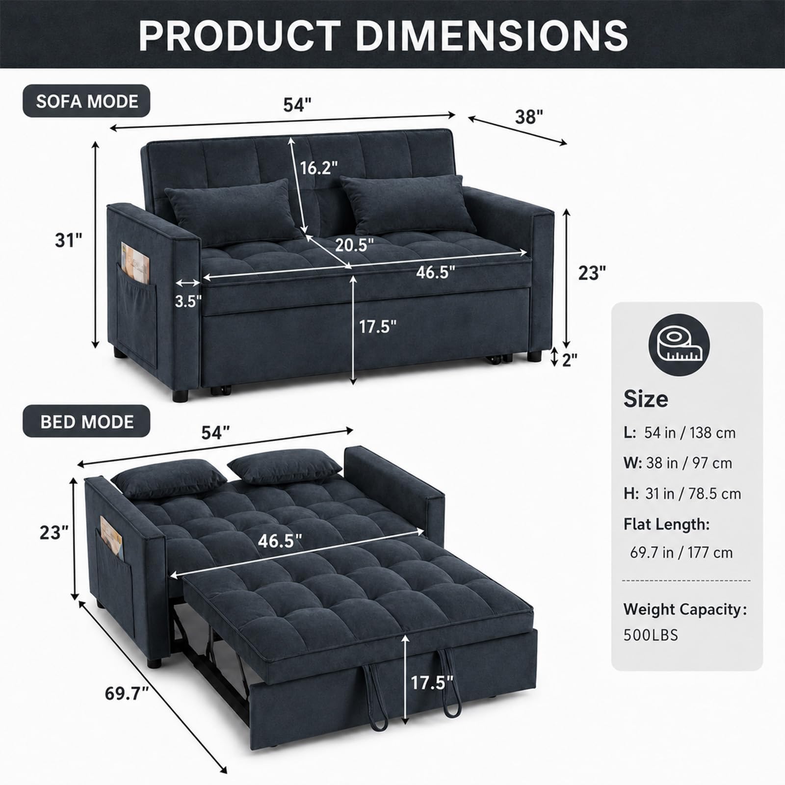 3 in 1 Pull Out Couch Bed, Convertible Futon Sofa Bed, Velvet Sleeper Loveseat for Small Living Room, Adjustable Backrest, Comfy Pillows, Side Pocket (Black)